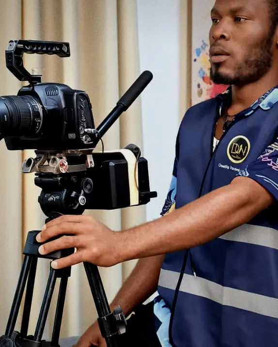 A camera operator in a DUN vest kneels at a fully built cinema rig on a fluid-head tripod.
